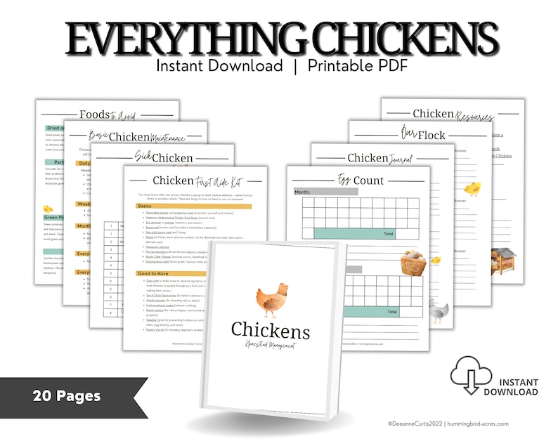May include: A printable PDF guide for chicken owners. The guide includes 20 pages of information on chicken care, including a chicken first aid kit, egg count tracker, and chicken journal. The cover features a cartoon chicken and the text "Chickens Your Flock Management".