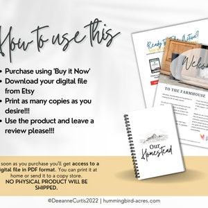 May include: A digital printable guide for homesteading with a farmhouse illustration and the text "To the Farmhouse". The guide includes tips on how to get started with homesteading and how to create a welcoming farmhouse.