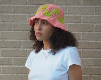 Crochet Pink & Green Checkered Bucket Hat