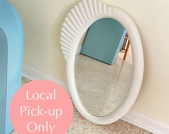 Vintage 80s Post Modern White Heavy Oval Chalkware Mirror By Dina