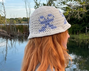 Crochet Blue & Cream Ribbon Bow Bucket Hat