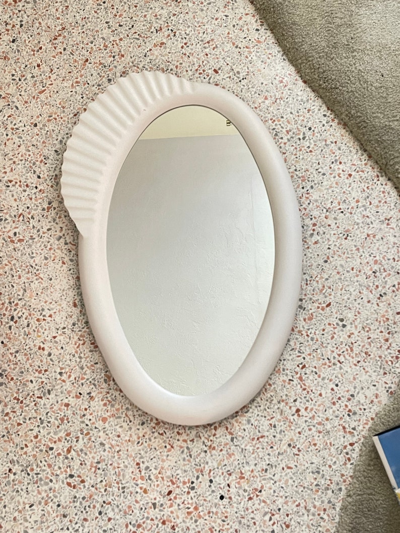 Vintage 80s Post Modern White Heavy Oval Chalkware Mirror By Dina image 2