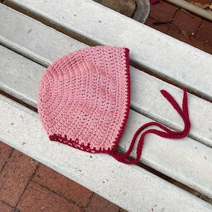 Classic Handmade Crochet Pink & Red Cotton Bonnet With Ties
