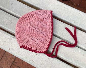 Classic Handmade Crochet Pink & Red Cotton Bonnet With Ties
