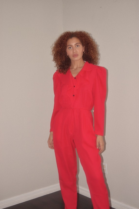 Vintage Hot Pink Ruffle Puff Sleeve Jumpsuit