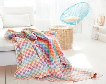 Happy Rainbow Checkered Cotton Blend Throw Blanket Hilo by IBENA