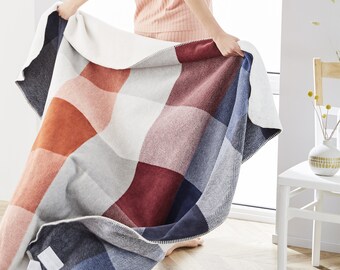 IBENA S. Oliver Blue/Orange/Red Colorblock Plaid Throw Blanket