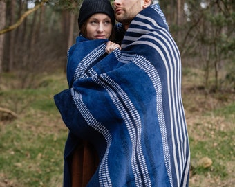Santorin by IBENA Navy Blue and White Stripe Cozy Soft Cotton Blend Throw Blanket