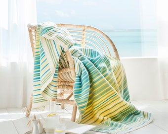 Tropical Green Yellow Striped Cotton Blend Throw Blanket Makawao by IBENA