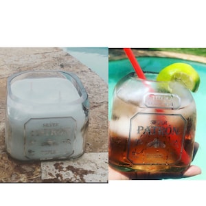 May include: Two glass bottles, one filled with a white candle and the other with a brown liquid, both with the label "Silver Patron Tequila" and "Super Patron Tequila".
