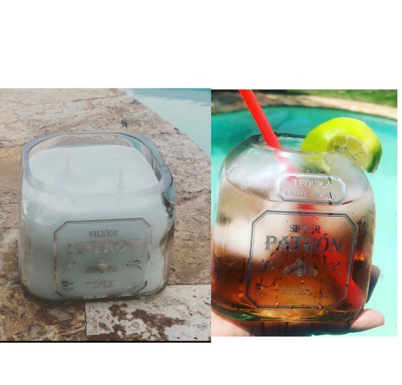 Patron Tequila Liquor Bottle Handcut Flower VASE, Patron Drinking or Snack Candy bowl, or CANDLE