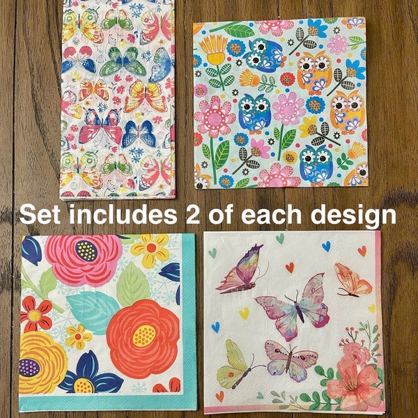 Bright and Happy Spring Pack Decorative Napkins. Decoupage with Owls, Flowers and Butterflies pack of 8 paper napkins