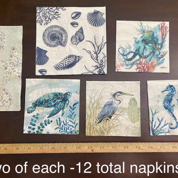 Ocean Blue  Bundle Pack of  12 napkins for decoupage - seashells, coral , turtle, seahorse, blue heron and octopus  paper napkins