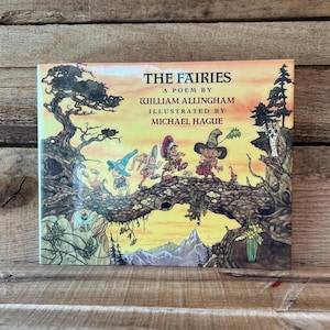 May include: A book cover with a yellow, orange, and brown background. The title "THE FAIRIES" is printed in black letters. The book is illustrated with fairies walking across a tree branch.