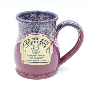 Deneen Pottery Hand Thrown Cup of Zen Tall Belly Mug Burgandy with Bluewhite Drip Edge