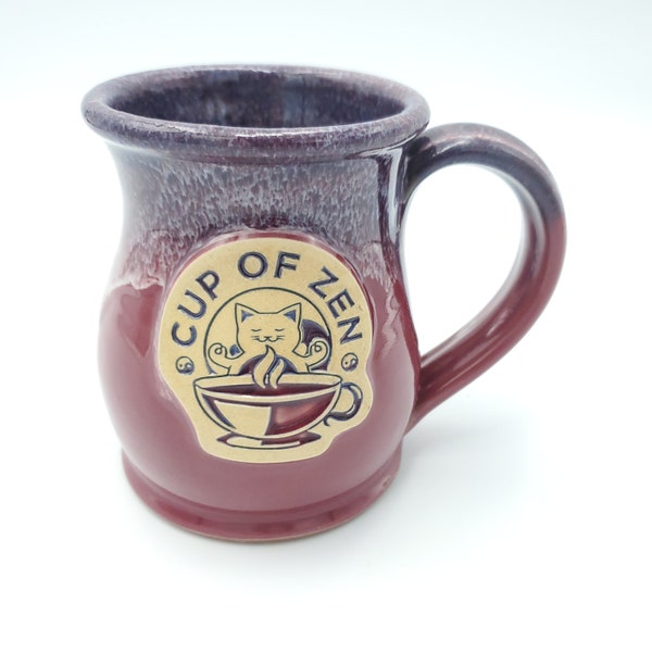 Deneen Pottery Hand Thrown Cup of Zen Tall Belly Mug Burgandy with Bluewhite Drip Edge