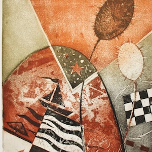Radierung und Aquatint Druck Original, Gravur von zwei getrennten Kupferplättchen, Hot Summer Abstrakte Zeichnung, Moderne Meereslandschaft Kunstwerk