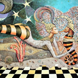 Mermaid, Kiss with Magic Sea Horse, Original Fantasy Art, Texture Fine Art Print with, Modern Artwork, Unique Artistic Style