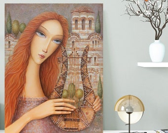 Tender Music, Original Artwork by Jordan Koev, Music Lovers Gift Idea, Boho Decor, Art Print Original, Beauty Woman Print, Harp Lovers Gift