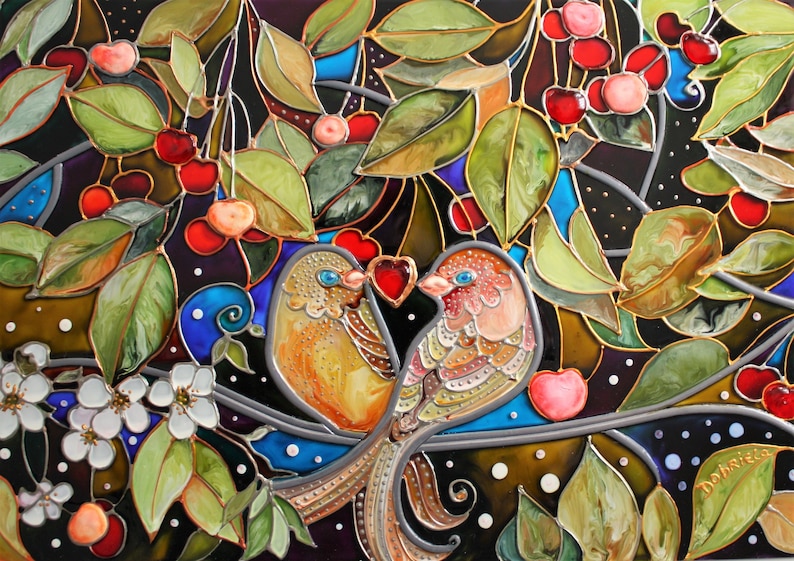 Cherry Garden Framed Glass Art Gift for Her Gift for Couple Lovebirds Spring painting Boho Wall Decor Shared Love-Hand Painted Glass