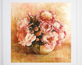 Delicate Peonies Painting Print, Framed Wall Art, Pink Peonies Print, Fine Art Print of Original Artwork by Dobriela Koeva, Peony Painting