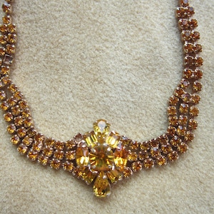 Vintage gold prong set rhinestone necklace, bracelet and earrings set