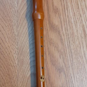 May include: A brown wooden recorder, a wind instrument, is shown. The recorder has a cylindrical body with several finger holes and a mouthpiece at the top. The instrument is made of a light brown wood.