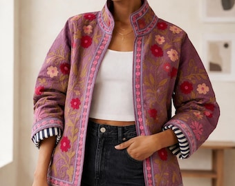 Giacca ricamata Suzani viola/ Cappotto boho da donna/ Giacca floreale artigianale fatta a mano