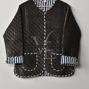 Black Reversible Quilted Velvet Jacket Handmade Unisex Boho Coat Stripe Cotton Lining Lightweight  Jacket
