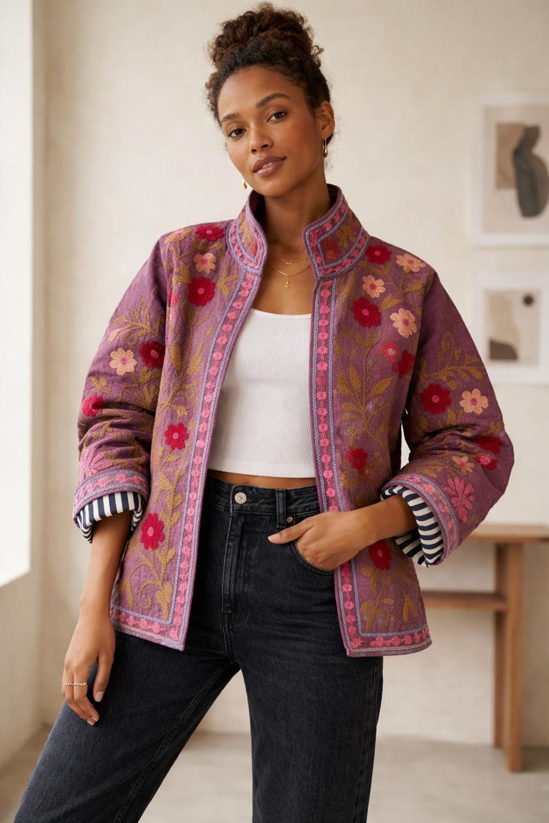Purple Suzani Embroidered Jacket| Women's Bohemian Coat| Artisan