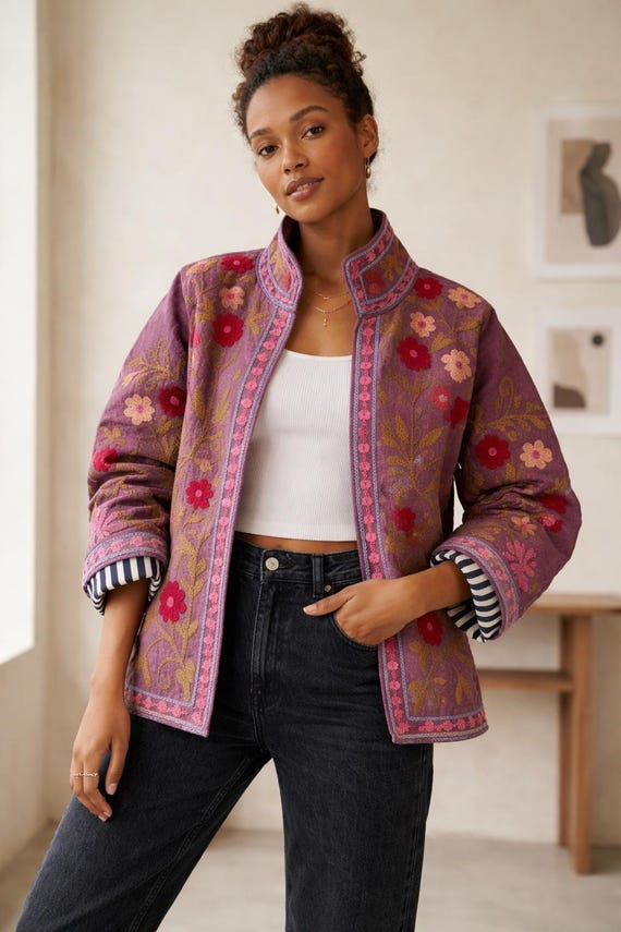 Purple Suzani Embroidered Jacket| Women's Bohemian Coat| Artisan