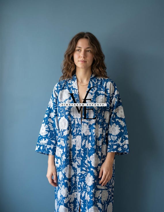 Women's Cotton Kimono Robe, Floral Dressing Gown, Handmade Lightweight Robe