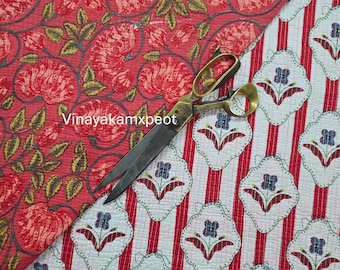 Reversible Quilted Cotton Fabric – Red Floral Block Print, 42-inch
