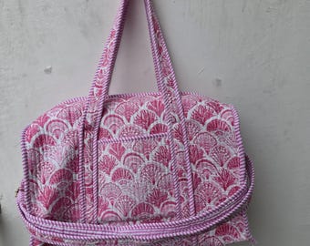 Pink Floral Printed Quilted Cotton Duffle Bag: Handmade Travel Gym Bag