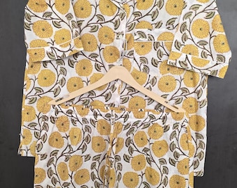 Floral Cotton Pajama Set: Yellow Short Sleeve Sleepwear with Pouch