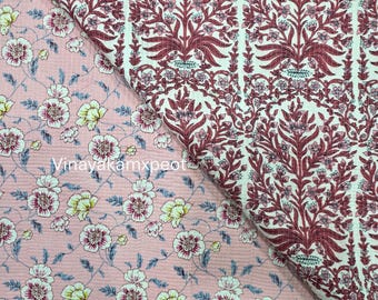 Reversible Pink Floral Kantha Quilted Cotton Fabric – Block Print Padded Fabric