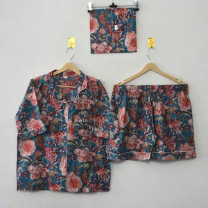Teal Floral Cotton Pajama Set – Women&#39;s Shirt & Shorts, Hand Block Print