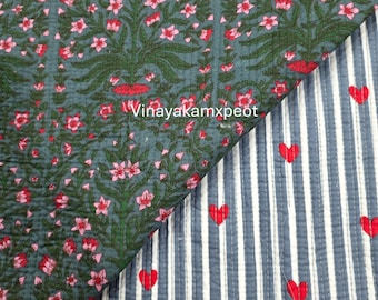 Reversible Quilted Cotton Fabric – Floral Green & Pink Flowers / Blue Stripe Red Hearts | Soft Double Layered Fabric for Sewing and Quilts