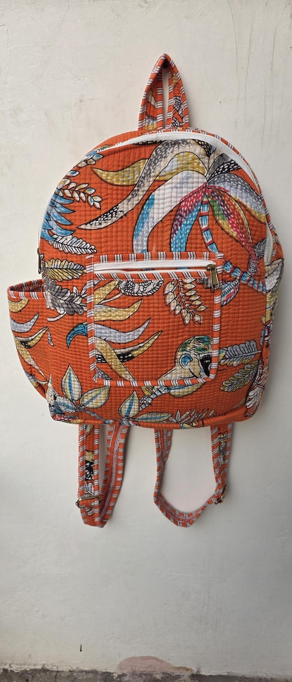 Handmade Quilted School Backpack, Birds and Floral Print  display picture 3