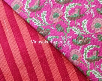 Wendbarer gesteppter Baumwollstoff, rosa Kantha-Tuch, rot gestreifter Rücken, gestepptes Material, lose Ware