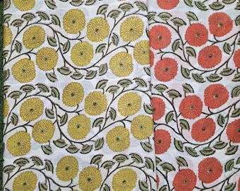 Marigold Floral Block Print Cotton Fabric: Yellow & Orange Handloom Sewing Material