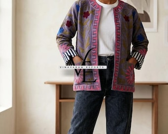 Handmade Suzani Embroidered Canvas Jacket: Bohemian Floral Coat