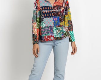 Handmade Kantha Patchwork Quilted Jacket – Multicolor Cotton Reversible Coat, Boho Vintage Jacket