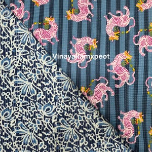 May include: Two fabric samples. One displays a navy and white floral design. The other has a blue striped backdrop with pink tiger illustrations. The text "Vinayakemxpeot" is visible.