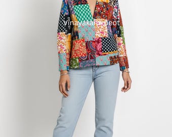 Handmade Kantha Patchwork Quilted Jacket – Multicolor Cotton Reversible Coat, Boho Vintage Jacket