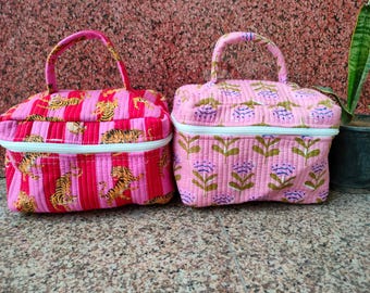 Handmade Quilted Cotton Vanity Pouch: Floral or Tiger Print Travel Bag