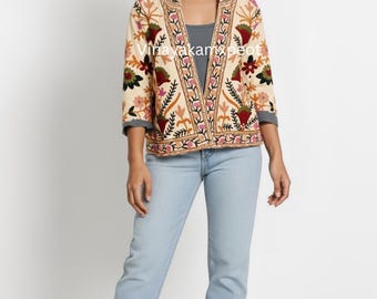 Handmade Suzani Embroidered Canvas Jacket: Bohemian Floral Coat