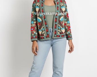 Handcrafted Green Velvet Suzani Jacket: Embroidered Floral Boho Coat