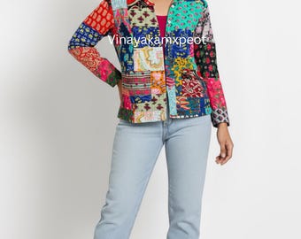 Handmade Kantha Patchwork Quilted Jacket – Multicolor Reversible Cotton Coat, Unique Boho Jacket