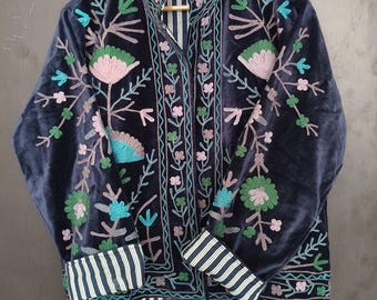 Handcrafted Velvet Suzani Jacket: Embroidered Floral Boho Outerwear